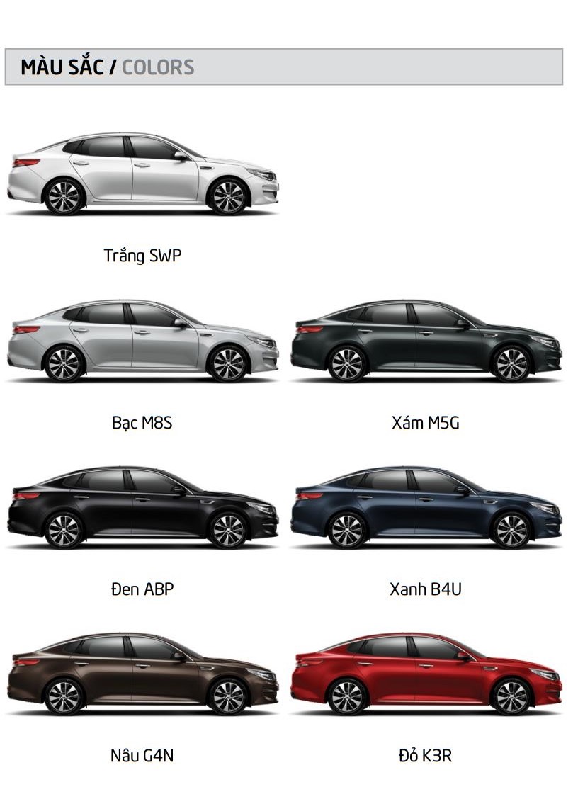 Kia Optima 2019 sẽ được phân phối ra thị trường Việt Nam với 7 tùy chọn màu sắc gồm trắng, bạc, xám, đen, xanh, nâu và đỏ