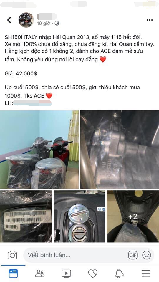 Dòng chia sẻ bán xe từ một cò lái trên mạng xã hội về chiếc Honda SH 150i nhập Ý