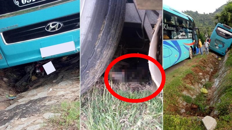 Chiếc xe máy và người phụ nữ khoanh tròn màu đỏ bị cuốn vào gầm xe khách