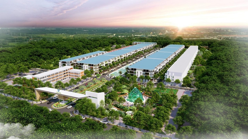 Phối cảnh một dự án bất động sản, xung quanh là nhiều cây xanh