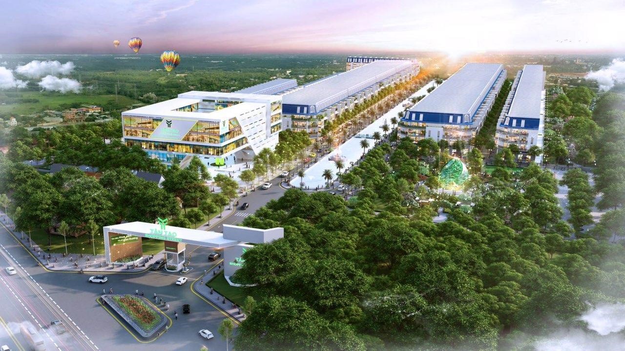 Phối cảnh một dự án nhà phố thương mại nằm trong khu vực có nhiều cây xanh