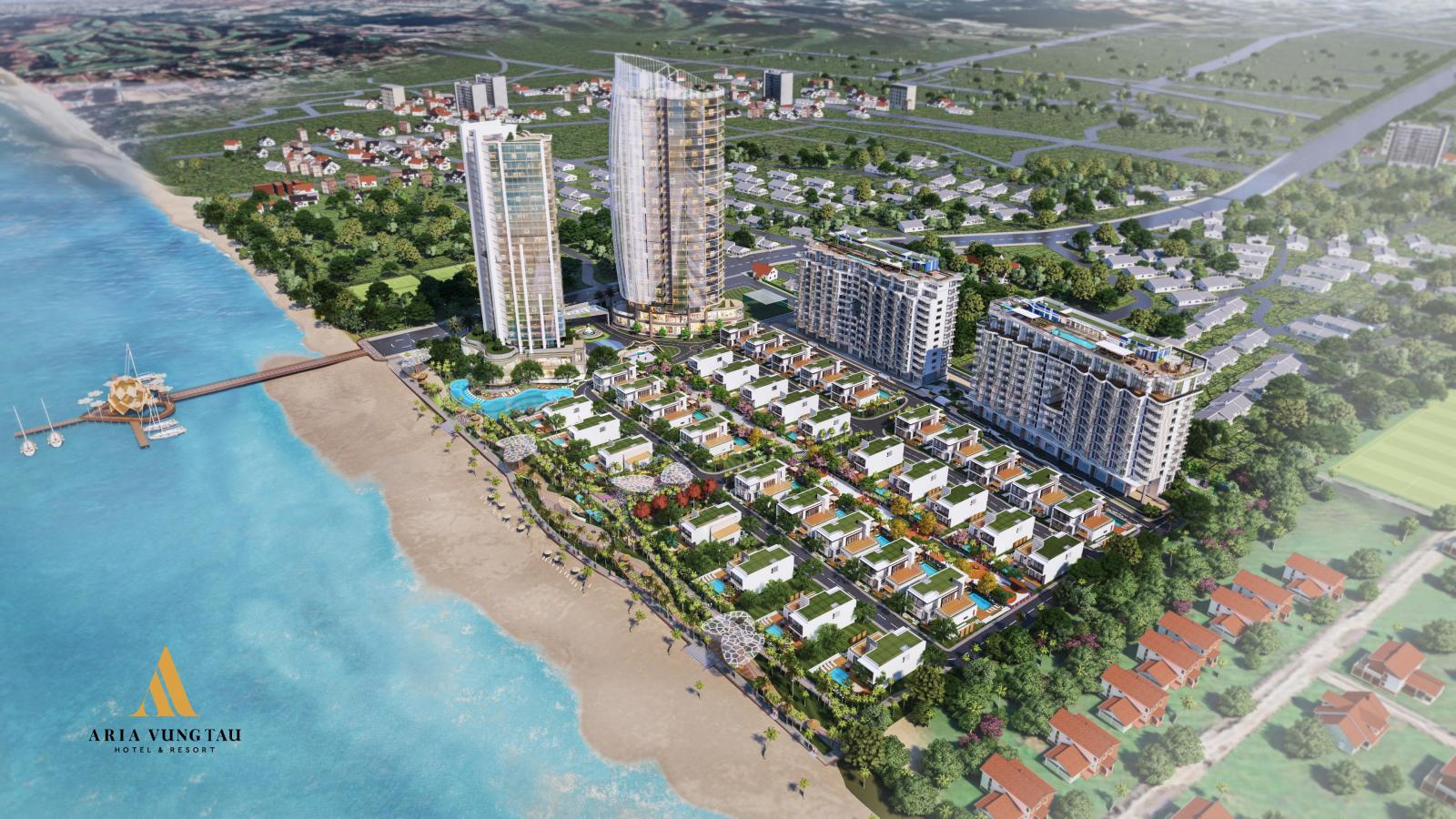 Dự án nghỉ dưỡng ven biển nhìn từ trên cao có 4 tòa nhà cao tầng và nhiều nhà thấp tầng