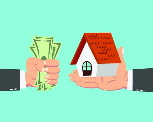 một b&agrave;n tay cầm tiền, một b&agrave;n tay cầm m&ocirc; h&igrave;nh ng&ocirc;i nh&agrave;