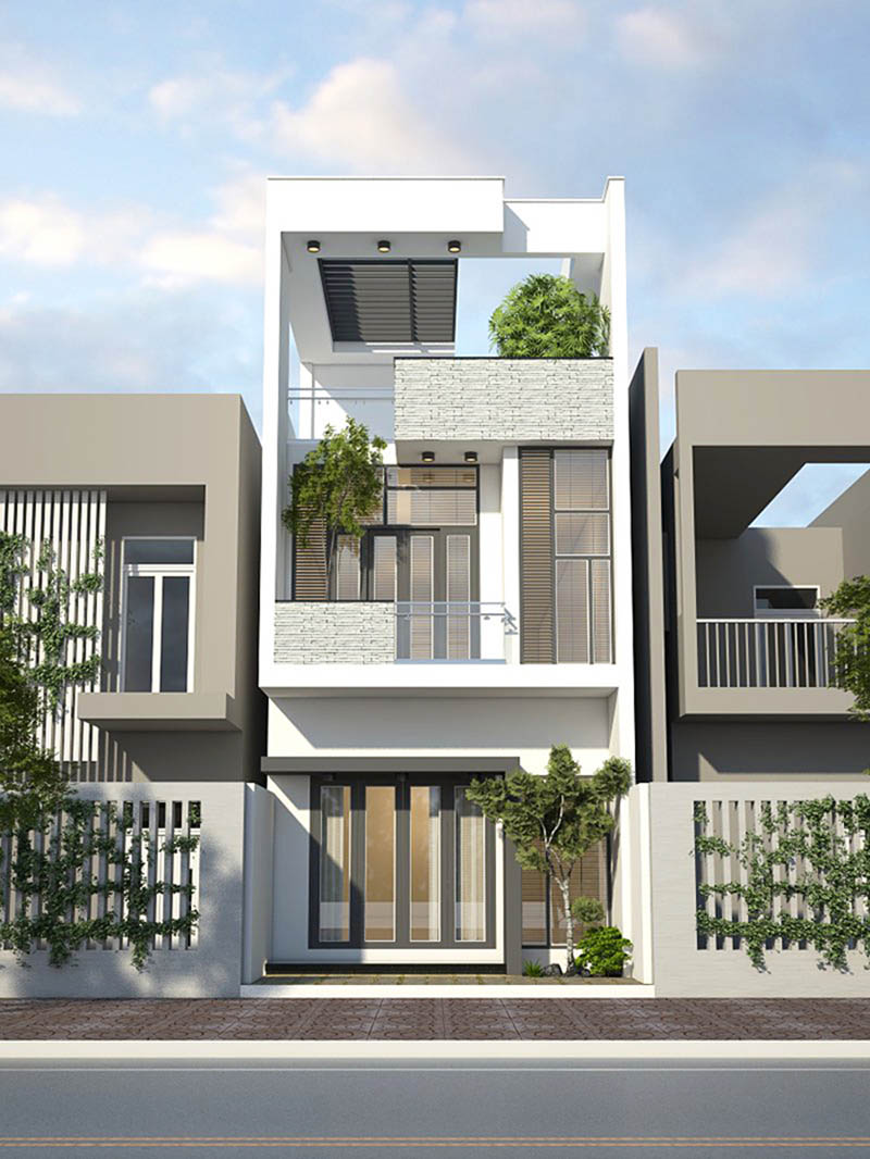 Mẫu nhà phố 2 tầng được thiết kế theo phong cách hiện đại với nhiều điểm nhấn nhá bắt mắt. mẫu nhà phố 2 tầng hiện đại có tầng thượng