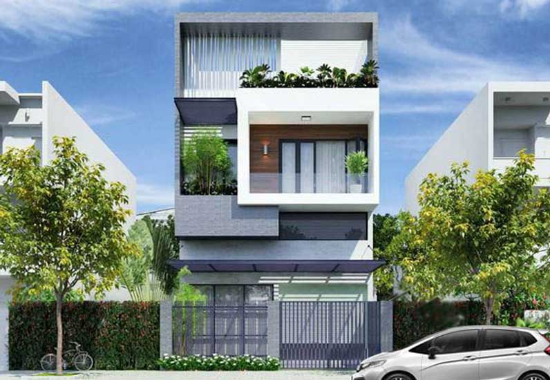 Thiết kế nhà ống với đường nét khỏe khoắn, chỉ sử dụng hai gam màu trắng và xám. mặt tiền nhà ống 2 tầng có sân thượng với gam màu trắng, xám chủ đạo