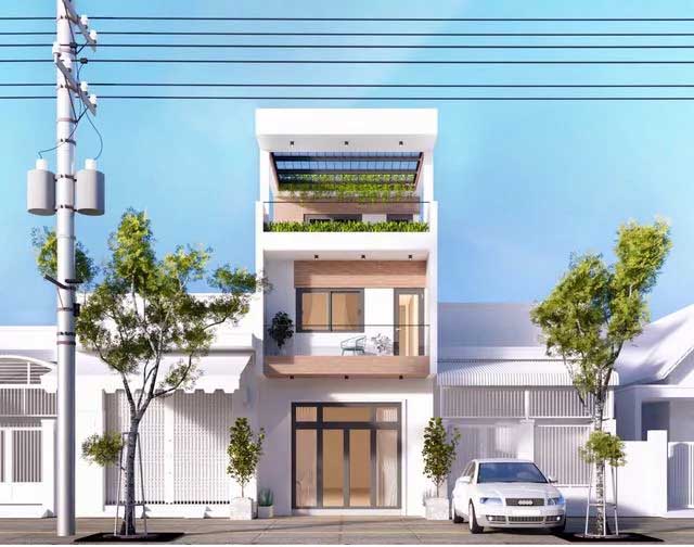 Hệ cửa kính khung thép tôn lên nét đẹp hiện đại cho nhà phố 2 tầng 1 tum. nhà phố 2 tầng 1 tum màu trắng, nâu kết hợp