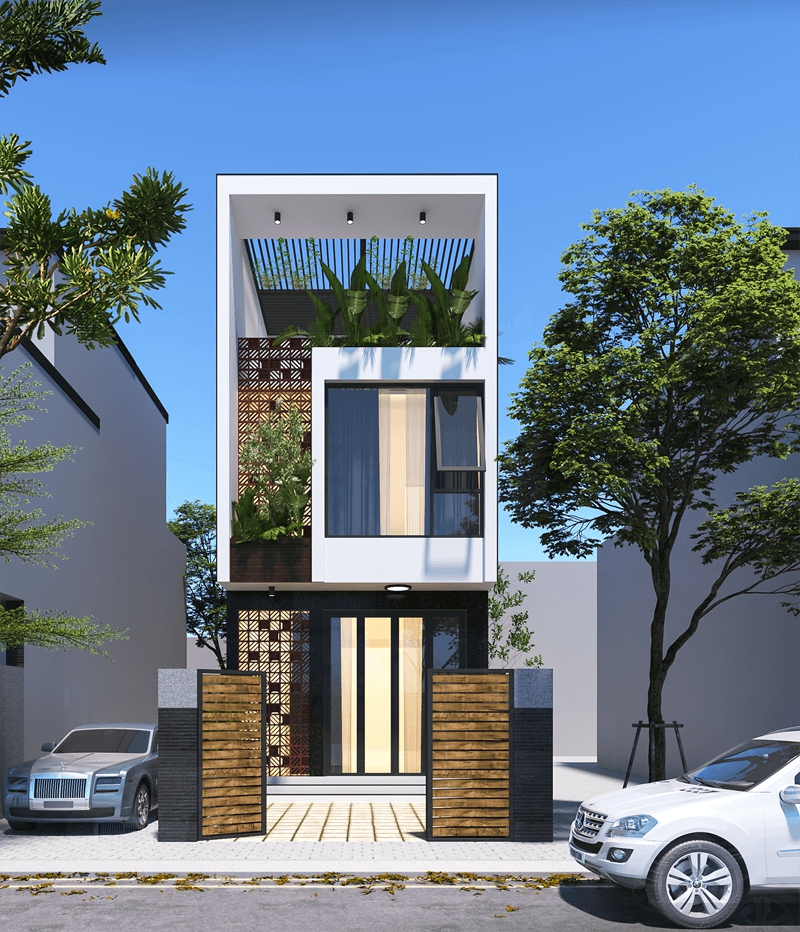 Hệ lam ở tầng thượng vừa có tác dụng chống nắng, vừa làm giàn cho cây xanh leo lên. nhà phố 2 tầng có sân thượng được che mát bằng hệ lam