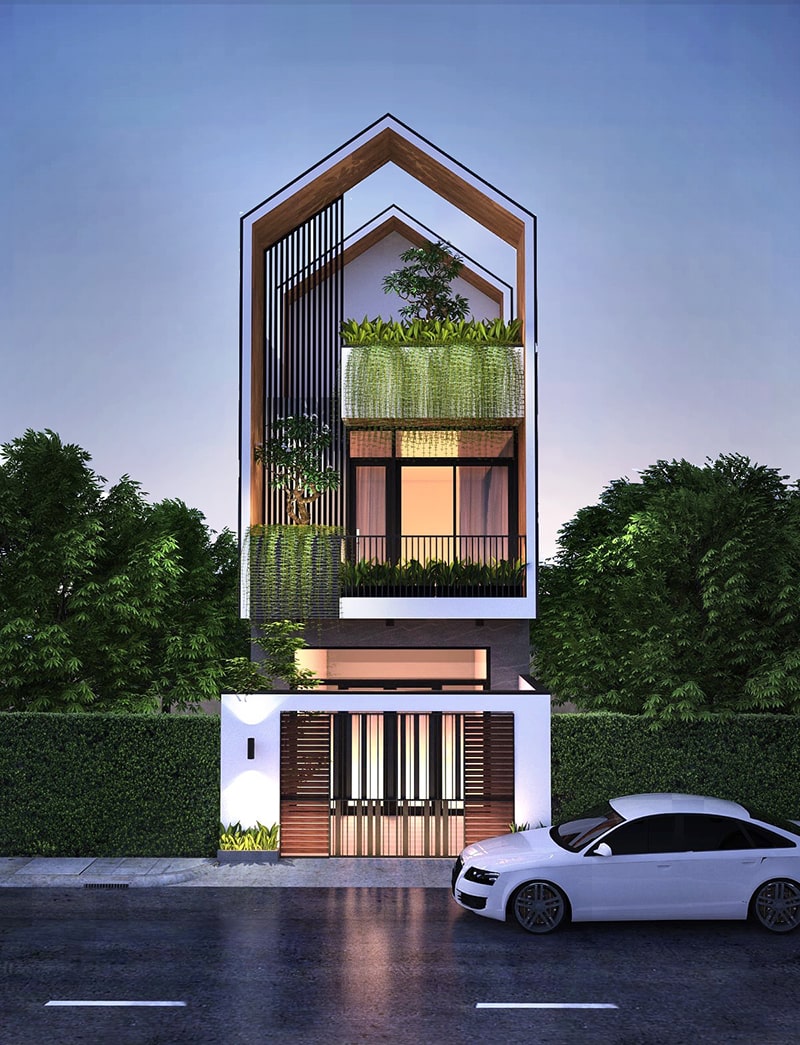 Thiết kế 2 mái Thái ấn tượng, thu hút ánh nhìn của người đi đường. nhà phố 2 tầng với thiết kế 2 mái Thái tách biệt