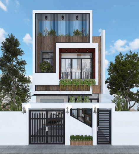 Nhà phố sử dụng cây xanh để làm mềm đường nét kiến trúc. bản vẽ phối cảnh nhà phố có ban công và sân thượng trồng cây