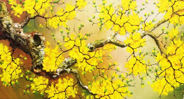Tranh vẽ cây mai trổ hoa vàng rực rỡ.