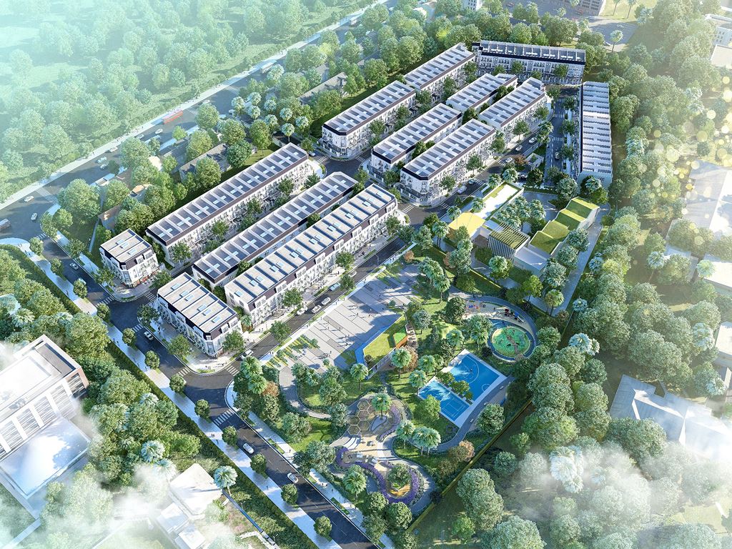Phối cảnh dự án nhà ở có nhiều nhà ở và cây xanh xung quanh