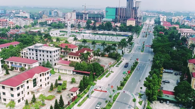 Một góc tỉnh Bắc Ninh nhìn từ trên cao có đường lớn và nhiều công trình nhà ở