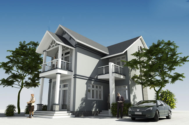 H&igrave;nh ảnh phối cảnh mẫu nh&agrave; 2 tầng m&aacute;i Th&aacute;i h&igrave;nh chữ L với t&ocirc;ng m&agrave;u x&aacute;m sang trọng, xung quanh l&agrave; c&acirc;y xanh 