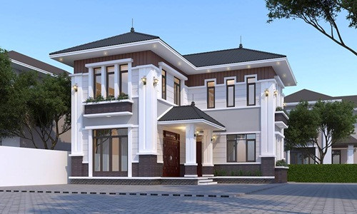 H&igrave;nh ảnh phối cảnh mẫu nh&agrave; 2 tầng chữ L với tường trắng chủ đạo, m&aacute;i ng&oacute;i m&agrave;u ghi x&aacute;m