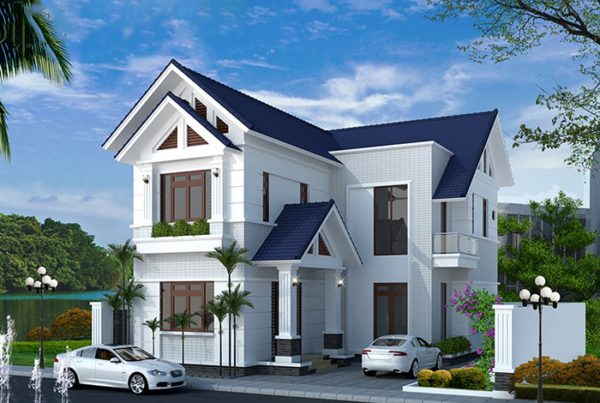 H&igrave;nh ảnh phối cảnh mẫu nh&agrave; 2 tầng h&igrave;nh chữ L nổi bật với m&aacute;i ng&oacute;i m&agrave;u xanh than, tường sơn trắng, h&ocirc;ng nh&agrave; để &ocirc; t&ocirc;, xung quanh c&oacute; nhiều c&acirc;y xanh