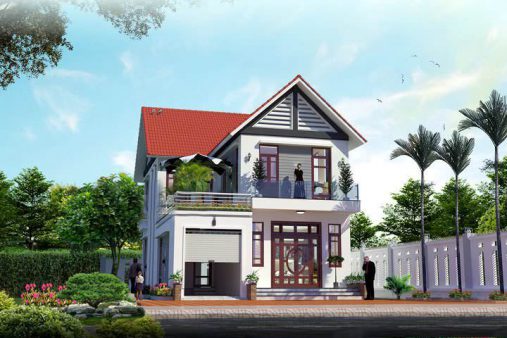 H&igrave;nh ảnh phối cảnh mẫu nh&agrave; 2 tầng được ưa chuộng tại c&aacute;c v&ugrave;ng n&ocirc;ng th&ocirc;n với cửa gỗ lớn, m&aacute;i ng&oacute;i đỏ, đường n&eacute;t kiến tr&uacute;c vu&ocirc;ng vắn