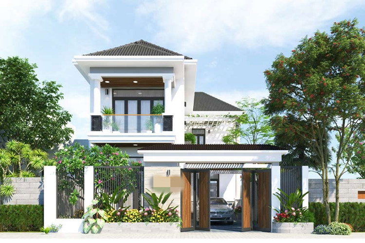 H&igrave;nh ảnh mẫu nh&agrave; 2 tầng chữ L với cửa gỗ mộc mạc, nhiều c&acirc;y xanh, gara &ocirc; t&ocirc; ở tầng trệt