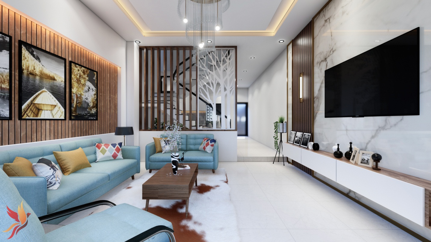 Hình ảnh phòng khách nhà phố 3 tầng toát lên vẻ đẹp sang trọng, thanh lịch với bộ ghế sofa màu xanh lam dịu mắt, hài hòa với sắc trắng chủ đạo của trần, tường và sàn nhà.
