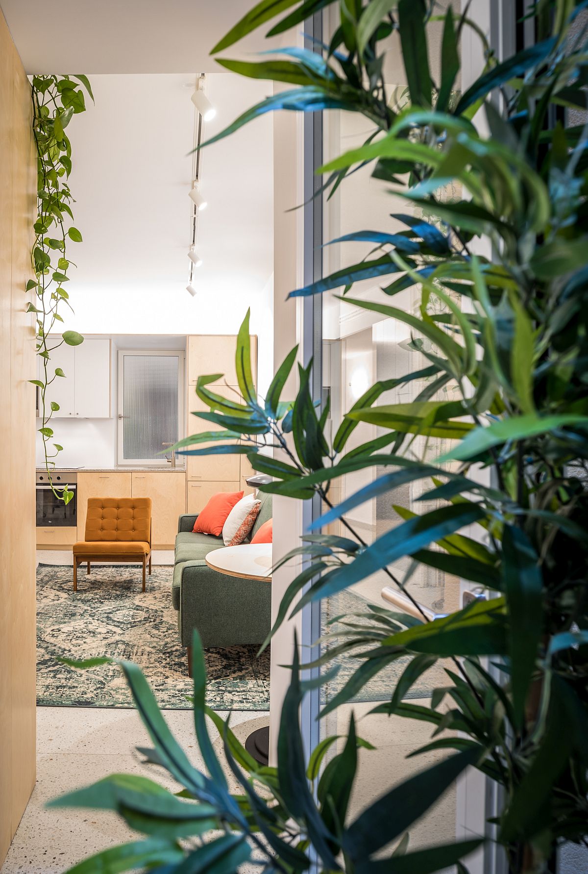 Hình ảnh một góc phòng khách nhìn từ ngoài vào với sofa xanh lá, ghế tựa vàng chanh, thảm trải thổ cẩm, gốt tựa êm ái