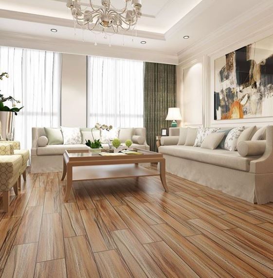 H&igrave;nh ảnh ph&ograve;ng kh&aacute;ch với tường, trần, sofa m&agrave;u trắng kết hợp ăn &yacute; với l&aacute;t giả gỗ m&agrave;u đỏ n&acirc;u.