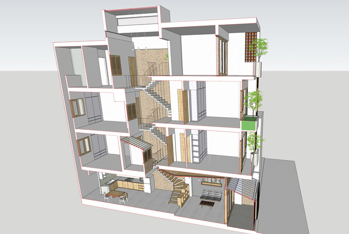 Bản vẽ mặt cắt 3D nhà ống 4 tầng. mặt cắt 3D nhà ống 4 tầng