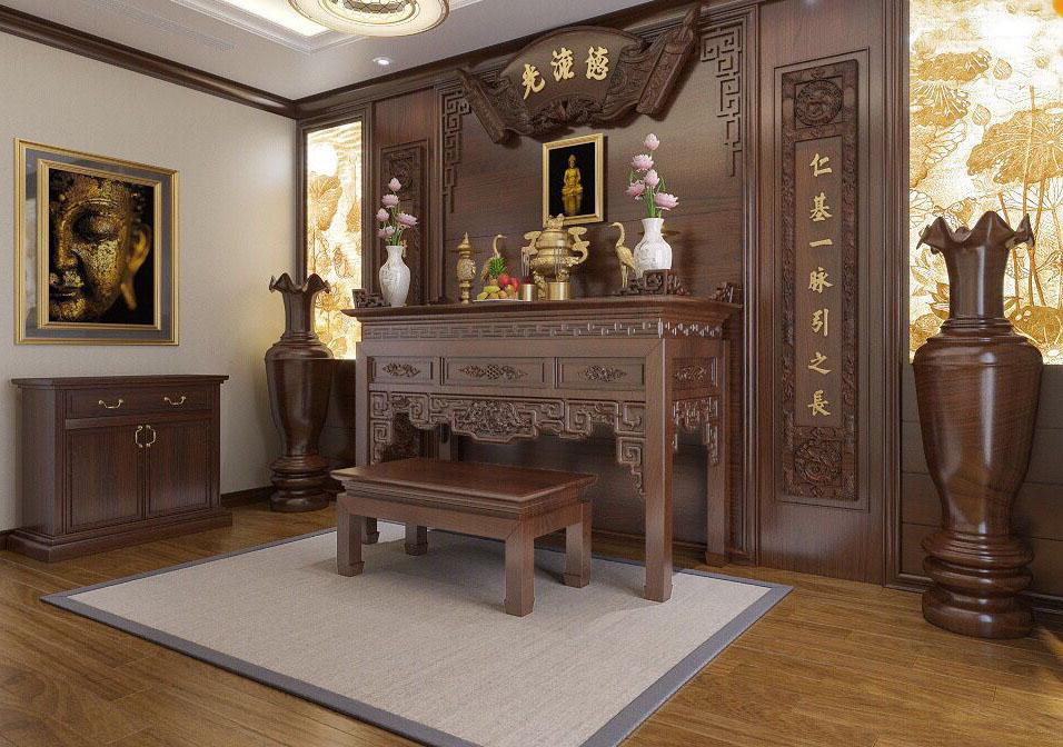 H&igrave;nh ảnh ph&ograve;ng thờ trong nh&agrave; vườn 1 tầng với nội thất gỗ sẫm m&agrave;u, được chạm khắc tinh tế