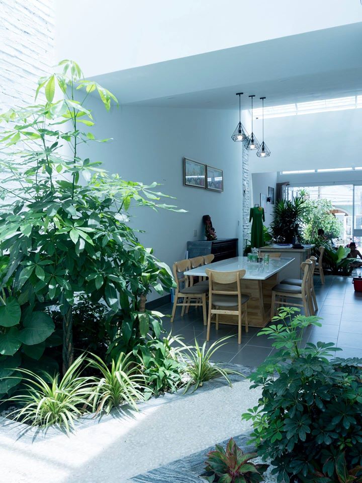 Hình ảnh toàn cảnh phòng ăn và góc làm việc với cây xanh, ánh sáng ngập tràn