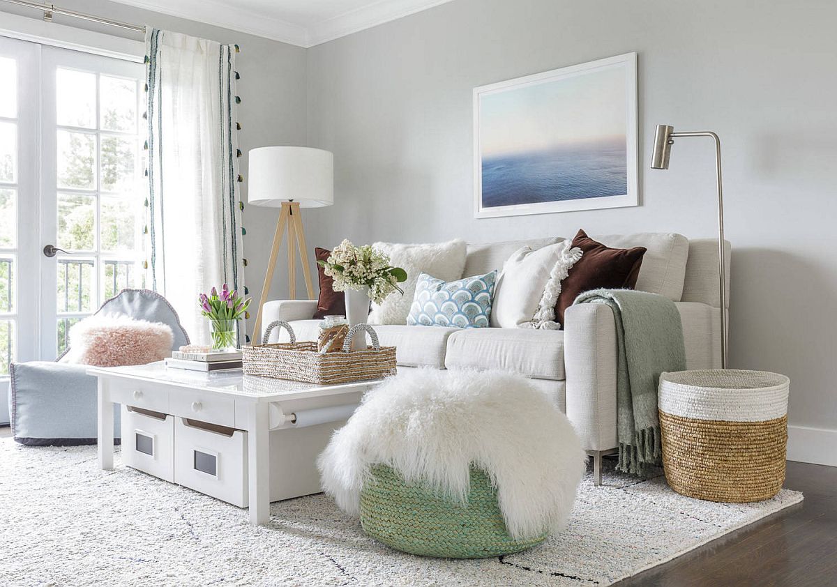 H&igrave;nh ảnh ph&ograve;ng kh&aacute;ch Shabby chic t&ocirc;ng trắng chủ đạo