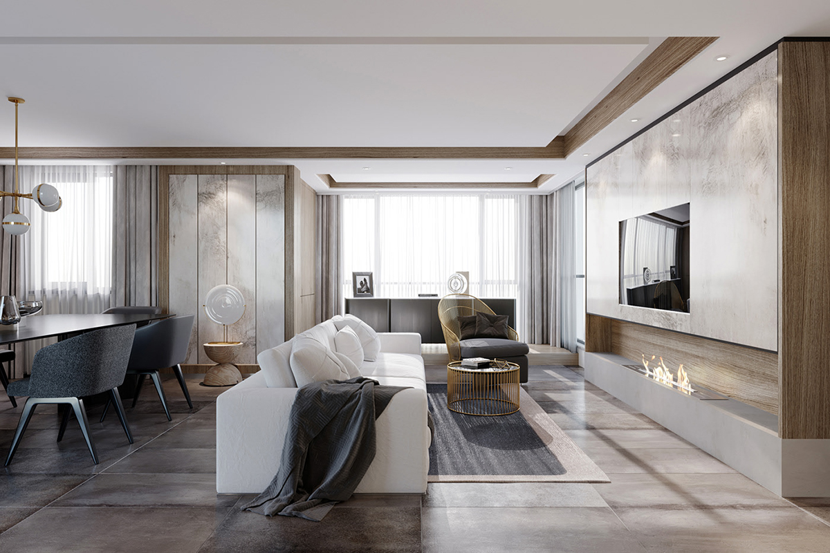 H&igrave;nh ảnh to&agrave;n cảnh ph&ograve;ng kh&aacute;ch li&ecirc;n th&ocirc;ng khu bếp ăn trong căn hộ chung cư với nội thất hiện đại, đ&egrave;n trang tr&iacute; bắt mắt.