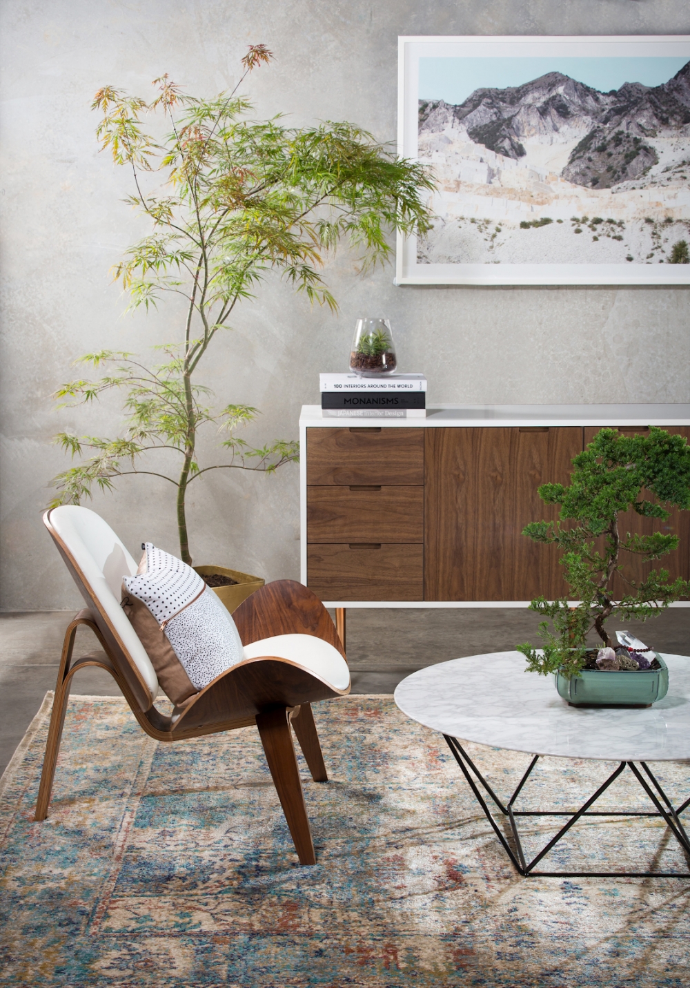 H&igrave;nh ảnh cận cảnh g&oacute;c ph&ograve;ng kh&aacute;ch phong c&aacute;ch Japandi ấn tượng với ghế tựa bằng gỗ, chậu bonsai đặt tr&ecirc;n b&agrave;n tr&agrave; tr&ograve;n, g&oacute;c ph&ograve;ng l&agrave; chậu cảnh lớn xanh tốt.