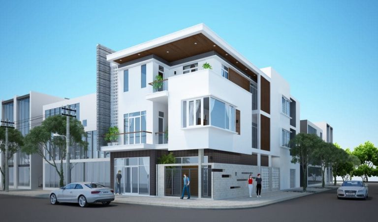 Ảnh phối cảnh mẫu nhà phố hiện đại nằm ở góc đường lớn, tường rào bê tông cao dày