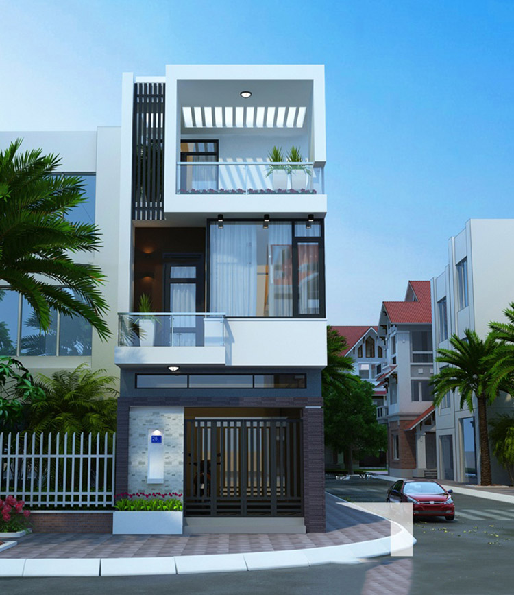 Hình ảnh phối cảnh mẫu nhà ống 3 tầng hai mặt tiền tối giản, sang trọng