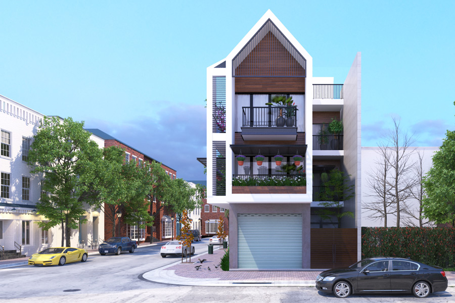 Phối cảnh mẫu nhà phố hai mặt tiền với mái chóp ấn tượng, tường giật cấp, ban công trồng cây hoa đẹp mắt