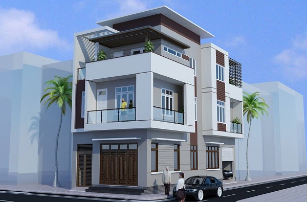 Hình ảnh phối cảnh nhà hai mặt phố với cửa gỗ lớn, gara ô tô ở mặt tiền còn lại