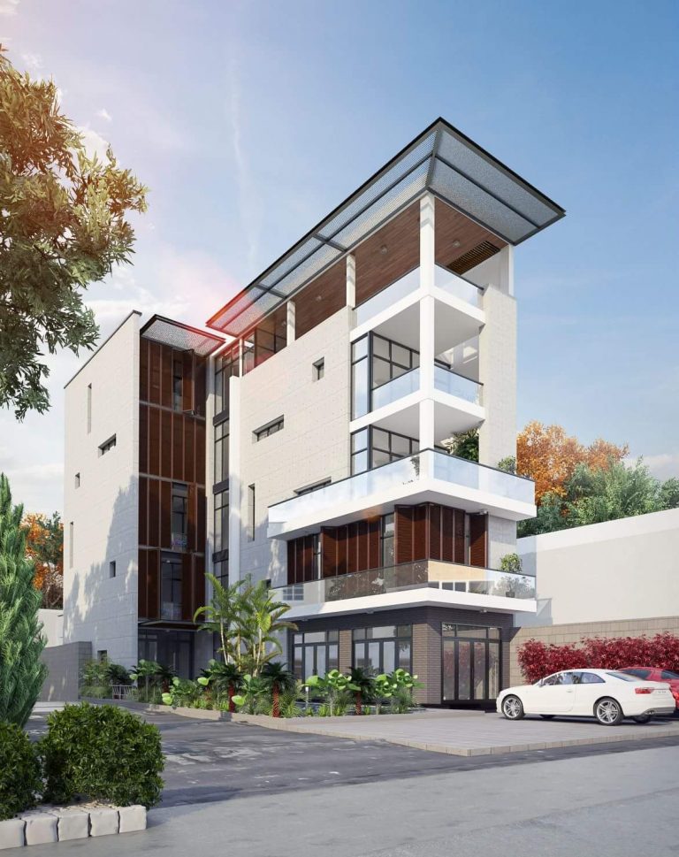 Hình ảnh phối cảnh mẫu nhà phố 5 tầng mái bằng phong cách hiện đại