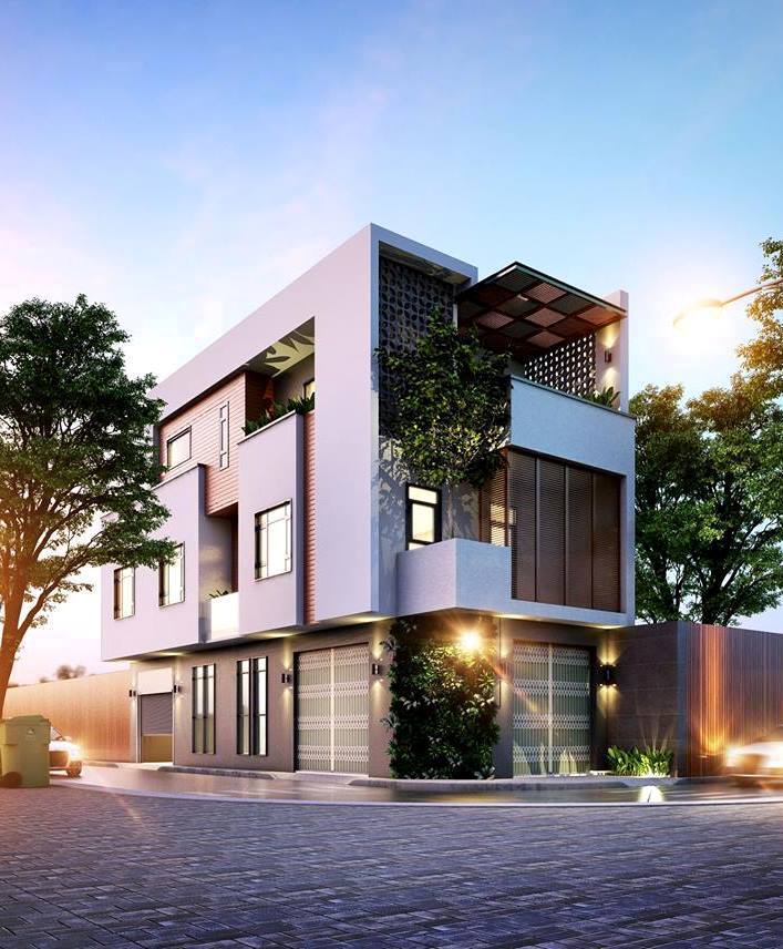 Hình ảnh phối cảnh mẫu nhà phố hai mặt tiền với ngoại thất tông màu xám đen, đường phố rộng thoáng, nhiều cây xanh