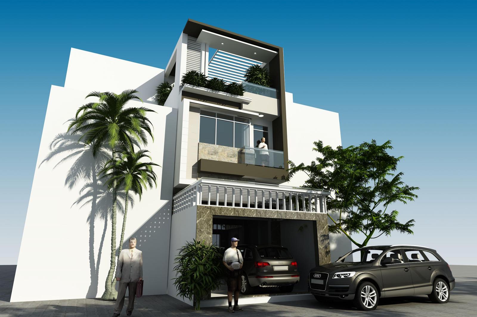 Hình ảnh phối cảnh 3D mẫu nhà ống 3 tầng phong cách hiện đại