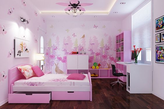 Hình ảnh phòng ngủ cho con gái với màu hồng trắng kết hợp, giường có ngăn kéo, đối diện là bàn học cạnh cửa sổ