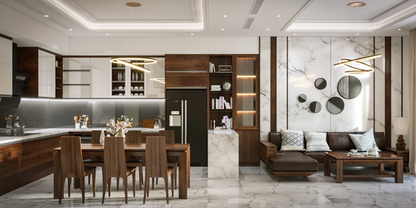H&igrave;nh ảnh to&agrave;n cảnh ph&ograve;ng bếp ăn sang trọng được thiết kế li&ecirc;n th&ocirc;ng với ph&ograve;ng kh&aacute;ch nh&agrave; ống 3 tầng
