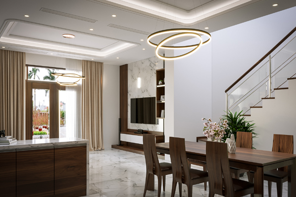 H&igrave;nh ảnh từ b&agrave;n bar trong bếp nh&igrave;n ra khu vực ph&ograve;ng kh&aacute;ch với cửa k&iacute;nh lớn mở ra s&acirc;n vườn, sử dụng r&egrave;m cửa hai lớp m&agrave;u s&aacute;ng
