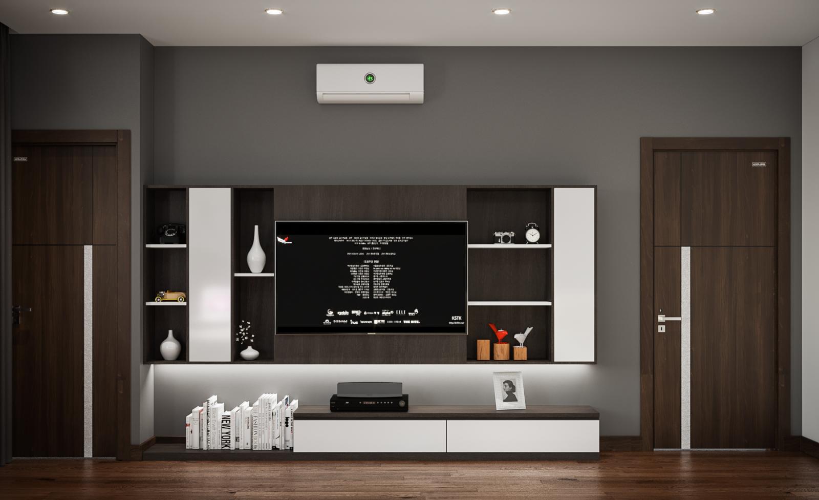 H&igrave;nh ảnh cận cảnh hệ tủ kệ tivi trong ph&ograve;ng ngủ với t&ocirc;ng m&agrave;u gỗ tối, tr&ecirc;n c&aacute;c kệ b&agrave;y đồ trang tr&iacute;