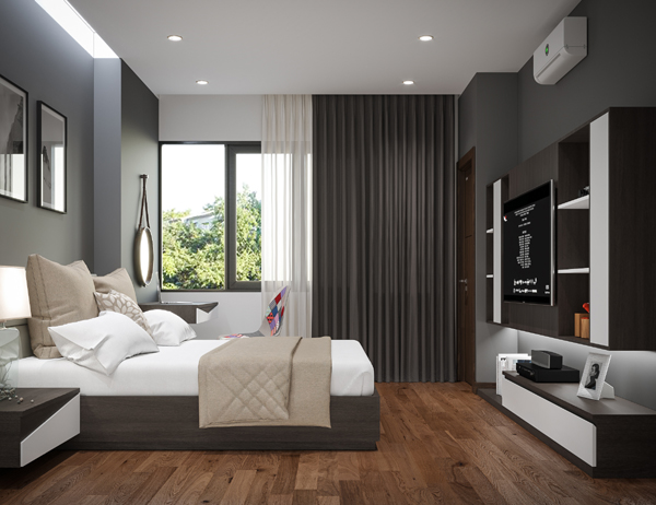 H&igrave;nh ảnh ph&ograve;ng ngủ m&agrave;u trung t&iacute;nh tho&aacute;ng s&aacute;ng với cửa sổ k&iacute;nh mở ra s&acirc;n vườn ph&iacute;a trước nh&agrave; ống