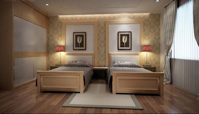 Hình ảnh mẫu phòng ngủ ông bà với giường đôi, tranh treo tường, đèn trang trí đồng bộ, cạnh đó là tủ quần áo cao sát trần