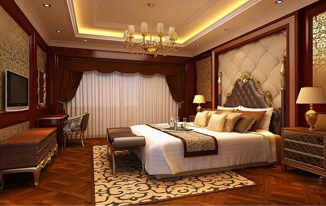 Hình ảnh phòng ngủ người lớn tuổi tông màu nâu trầm với nội thất hơi hướng cổ điển