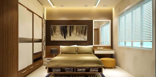 Hình ảnh phòng ngủ ông bà có hiết kế dơn giản với tranh đầu giường ấn tượng, giường tích hợp ngăn lưu trữ, tủ quần áo màu cánh trắng cao kịch trần, cửa sổ lớn