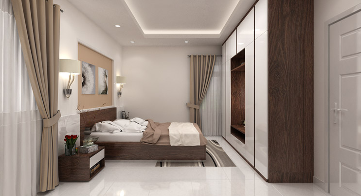 Hình ảnh phòng ngủ cho người cao tuổi với tông màu trung tính chủ đạo, tranh hoa trang trí đầu giường, rèm cửa hai lớp, tủ quần áo lớn đối diện giường ngủ