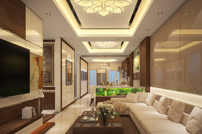 Hình ảnh phòng khách nhà ống với sofa màu trắng, bàn trà gỗ thấp, đối diện là tủ kệ tivi