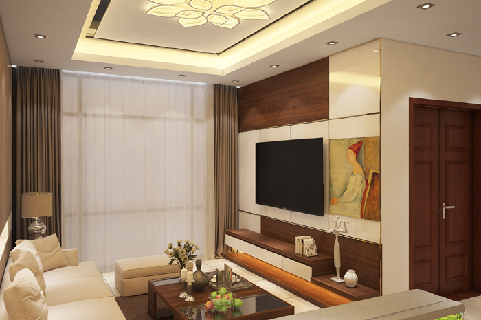 Hình ảnh phòng khách với sofa trắng, bàn trà gỗ, tủ kệ tivi, tranh tường nghệ thuật, đèn trần sang trọng
