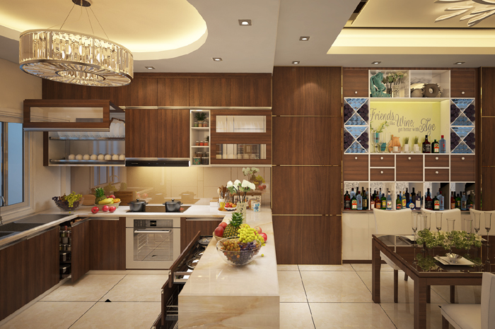 Hình ảnh cận cảnh bàn bar màu trắng trên đăt hoa quả