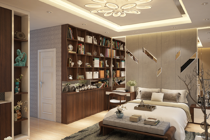Hình ảnh toàn cảnh phòng ngủ trong nhà ống với giường nệm êm ái, hệ tủ kệ gắn tường cao rộng